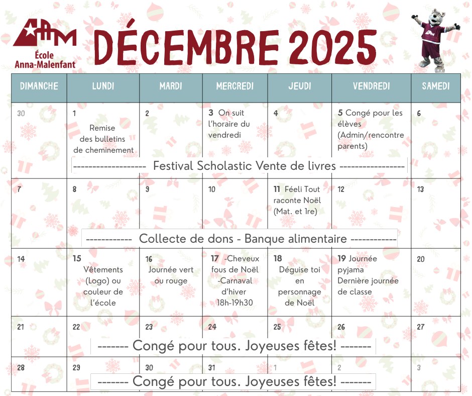 Calendrier des activités - décembre 2025