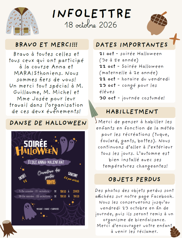 Infolettre - 18 octobre 2026