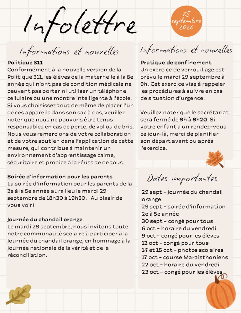 Infolettre - 25 septembre 2026