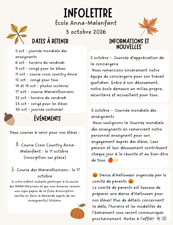 Infolettre 3 octobre 2026